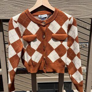 EUC Cotton Emporium Brown Argyle Cropped Cardigan